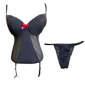 Adore Me Women's Black Corset 38D & thong large hot pink bows NWT